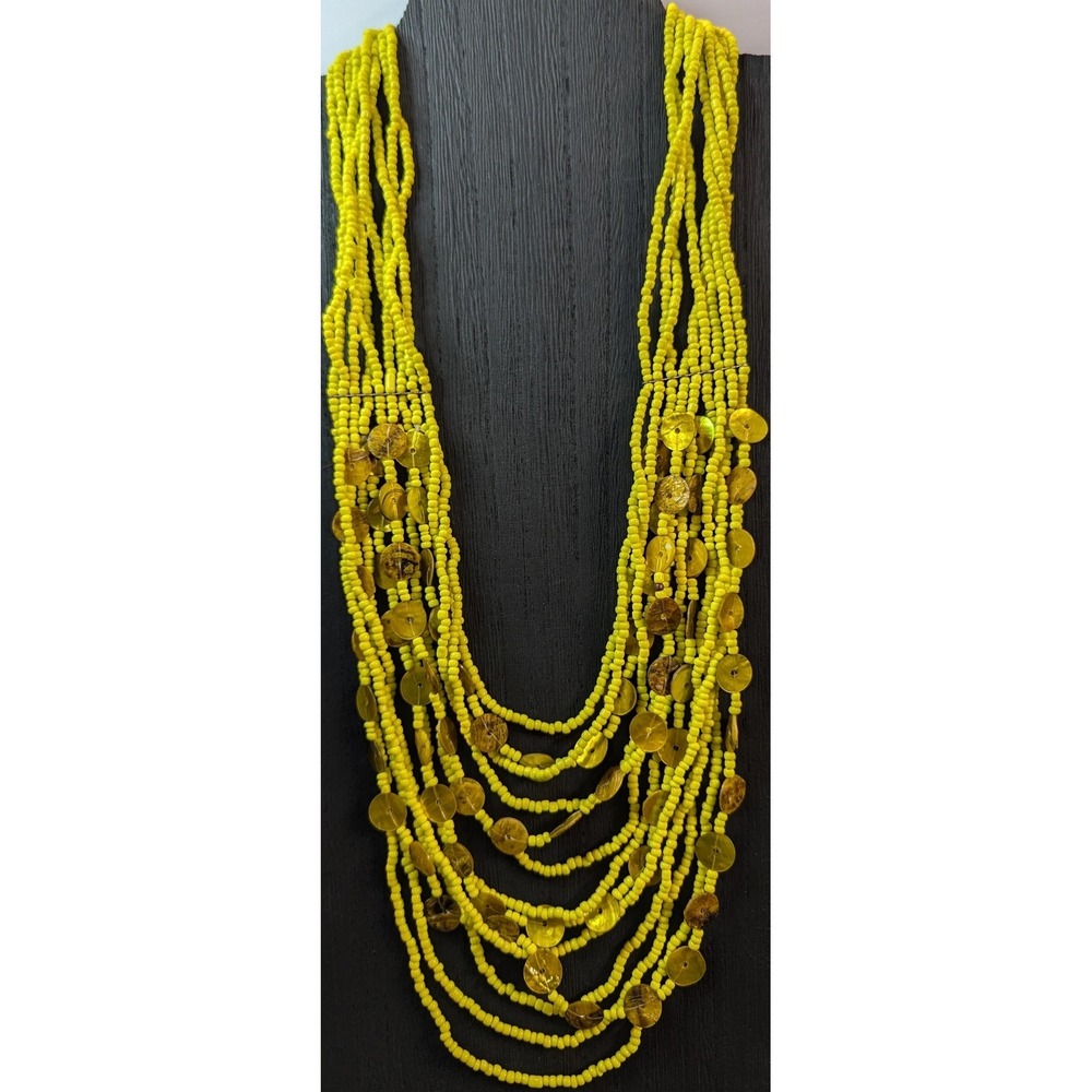 Vintage Shell Bib Necklace 24" Yellow Gold Seed Bead Multi Layer Statement Heavy